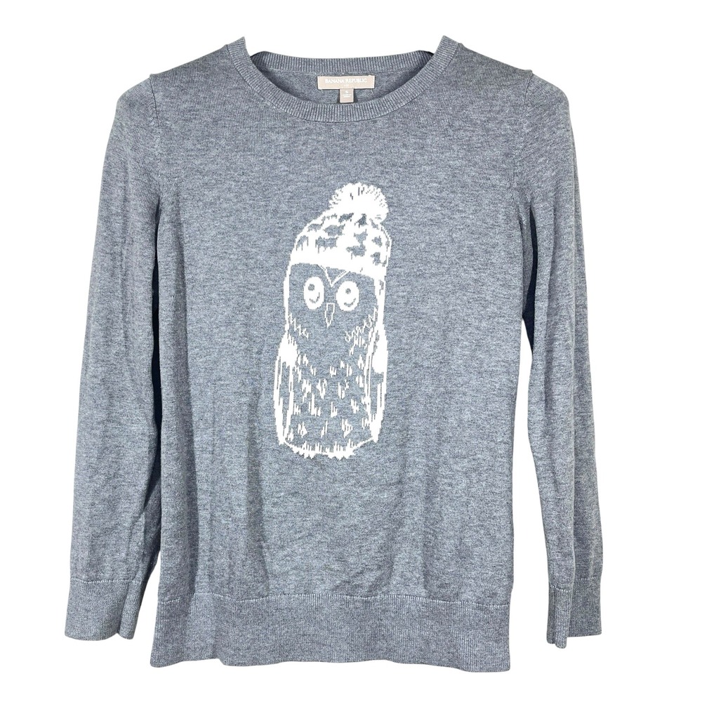 Banana Republic Beanie Owl Intarsia Sweater Womens S Gray Cotton Blend